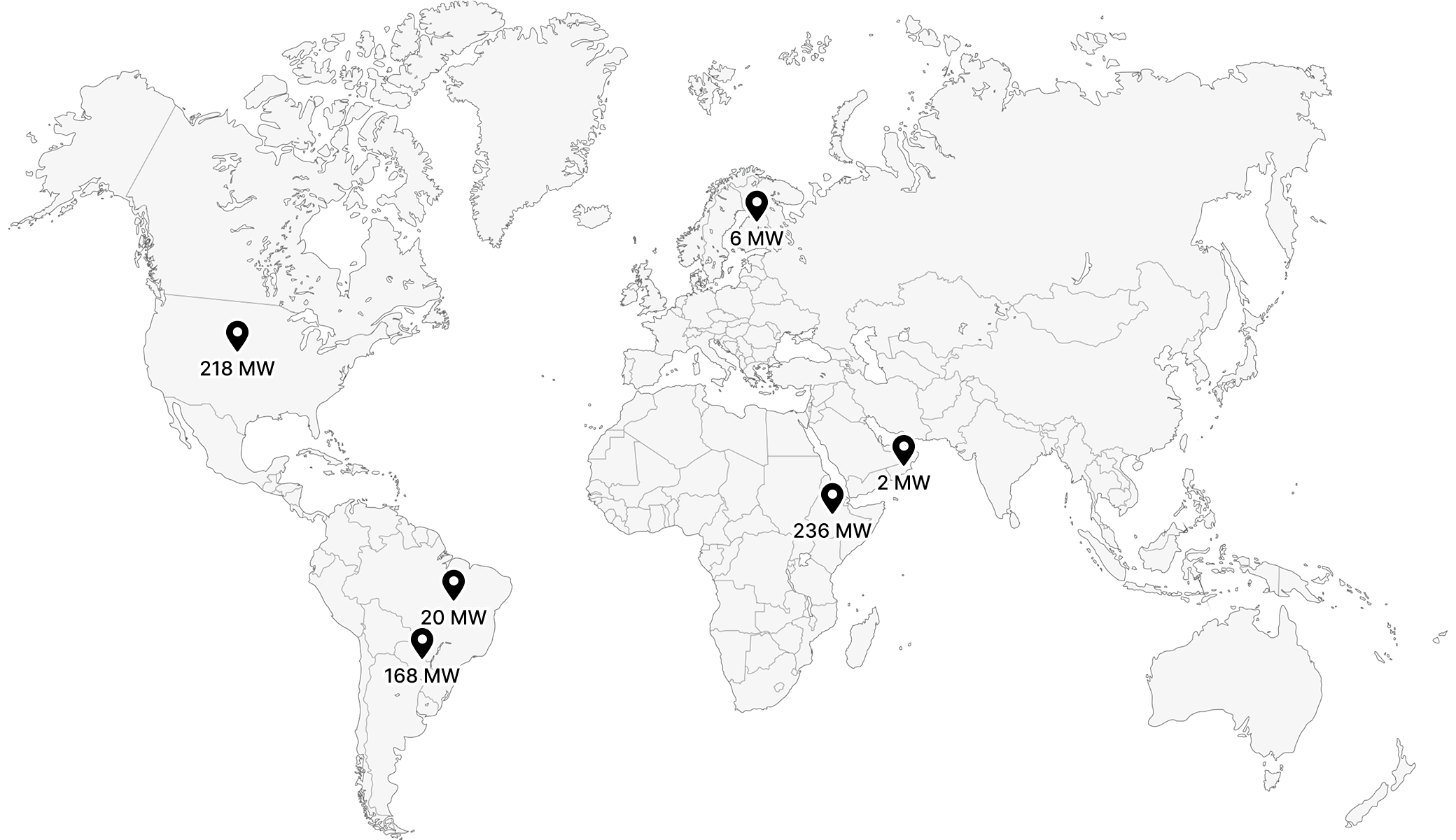 World map marking BitFuFu's hosting capacity by region, from 218 MW in North America to 236 MW in Africa