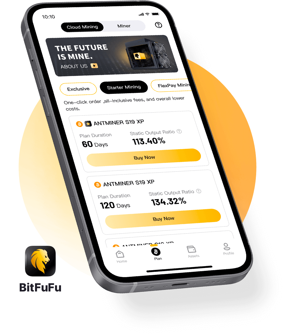 The BitFuFu app icon beside a phone showing Starter Mining plans for ANTMINER S19 XP with their durations and static output ratios
