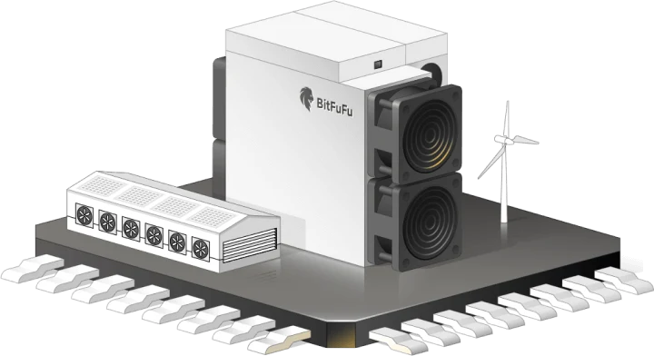 A BitFuFu miner, a cooling unit and a wind turbine standing on a chip-shaped platform.