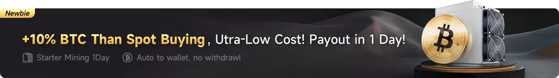 Newbie offer: Starter Mining 1 Day pays 10% more BTC than spot buying, with payout in one day sent automatically to your wallet