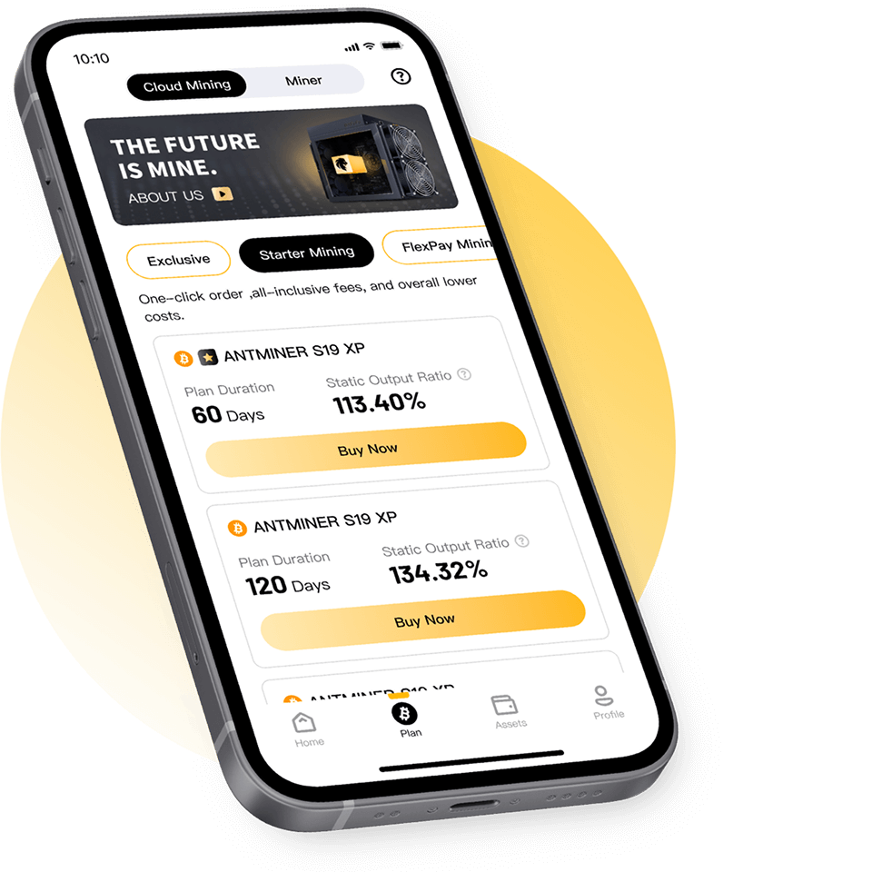The BitFuFu mobile app showing Starter Mining plans for ANTMINER S19 XP with contract lengths and static output ratios