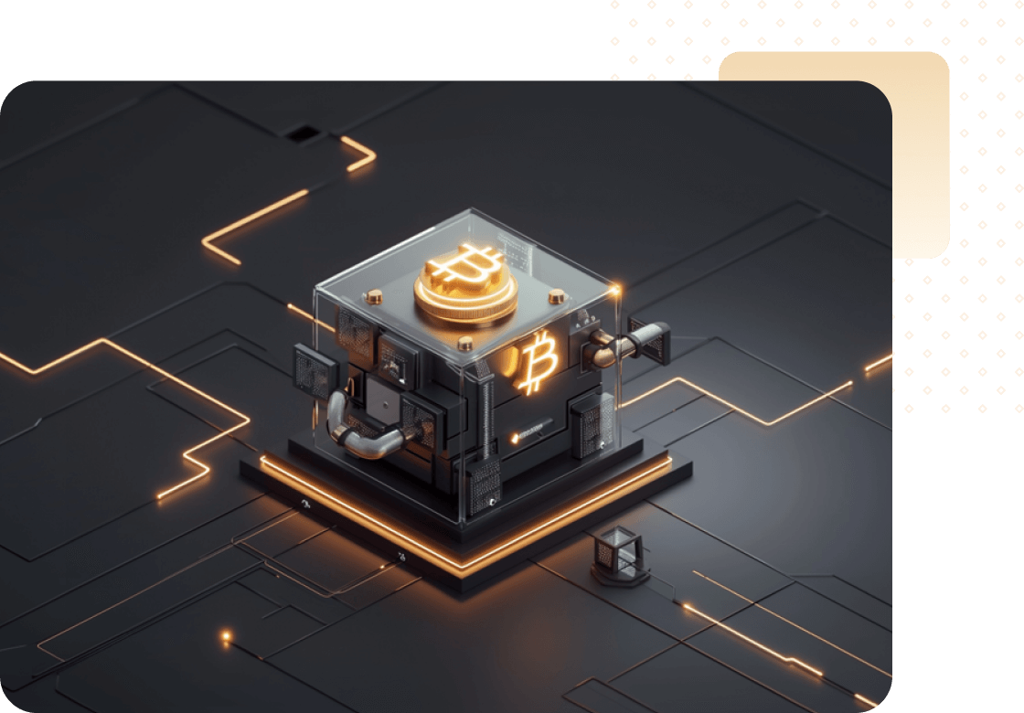Isometric render of a glowing Bitcoin token inside a mining unit set on a circuit board
