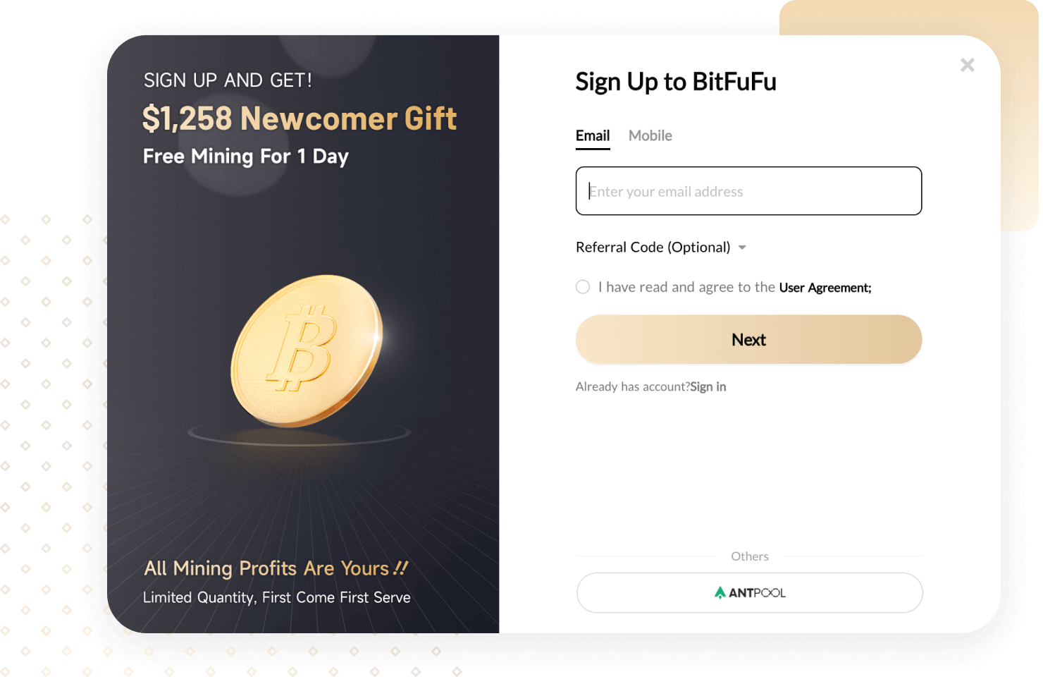 The BitFuFu sign-up dialog, where an email address starts a new account
