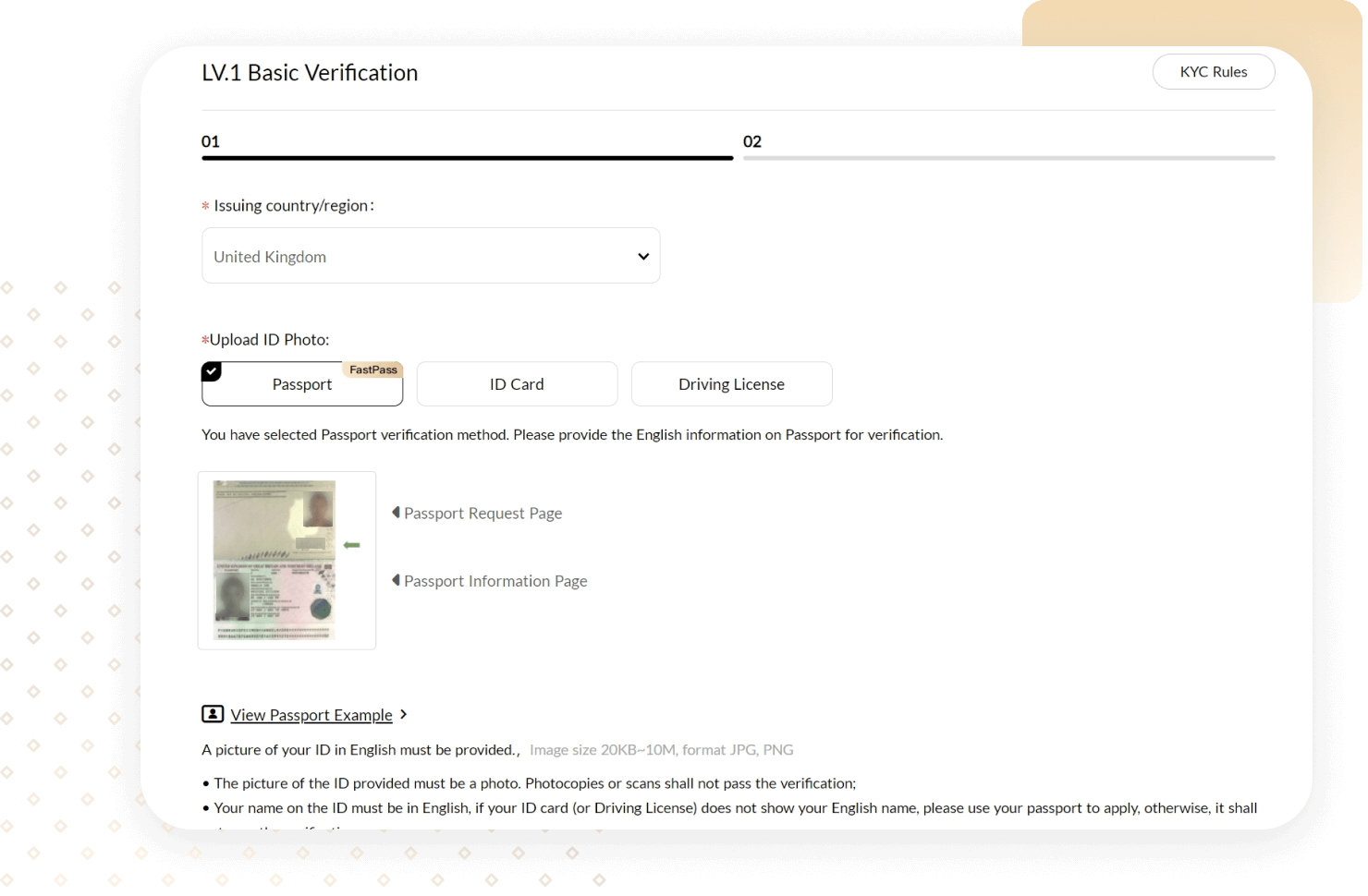 The basic verification step, with a passport uploaded for identity checking